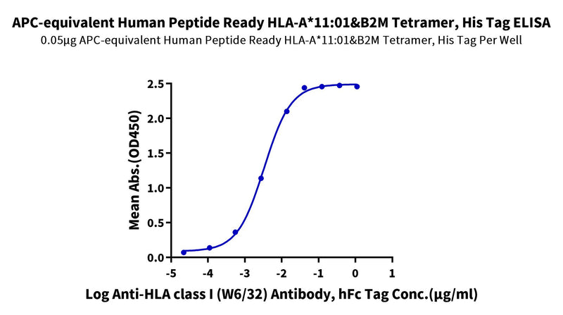 Immobilized APC-equivalent Human Peptide Ready HLA-A*11:01&B2M Tetramer, His Tag at 0.5ug/ml (100ul/well) on the plate. Dose response curve for Anti-HLA class I (W6/32) Antibody, hFc Tag with the EC50 of 3.3ng/ml determined by ELISA.