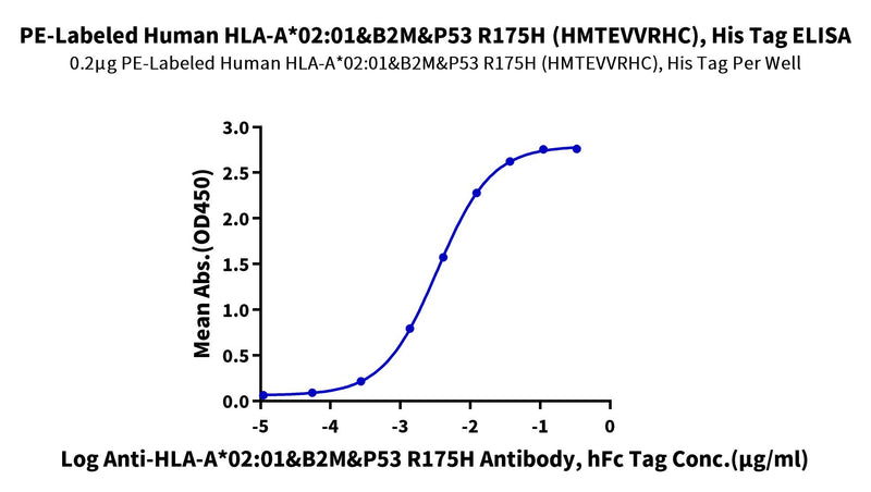 Immobilized PE-Labeled Human HLA-A*02:01&B2M&P53 R175H (HMTEVVRHC) Tetramer, His Tag at 2 ug/ml (100 ul/well) on the plate. Dose response curve for Anti-HLA-A*02:01&B2M&P53 R175H (HMTEVVRHC) Antibody, hFc Tag with the EC50 of 3.4 ng/ml determined by ELISA.