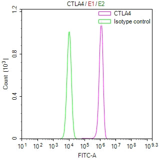 Overlay Peak curve showing JK cells surface stained with CTLA4 Recombinant Monoclonal Antibody (red line) at 1:50. Then 10% normal goat serum to block non-specific protein-protein interactions followed by the antibody (1ug/1*106cells) for 45min at 4℃. The secondary antibody used was FITC-conjugated Goat Anti-Mouse IgG(H+L) at 1/200 dilution for 35 min at 4°C. Isotype control antibody (green line) was mouse IgG1 (1µg/1*106cells) used under the same conditions. Acquisition of >10,015 events was performed.