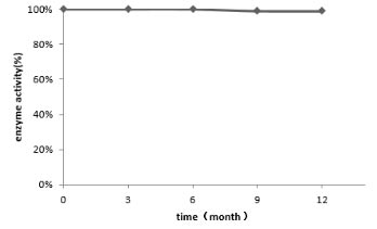 The Enzyme Activity Stability of Proteinase K The Proteinase K powder was stored at 4℃. And its enzyme activity was assayed every month over the past year. The left chart shows how its enzyme activity changes in a year. It turns out the enzyme activity is maintained more than 95%, which indicates that proteinase K is very stable.