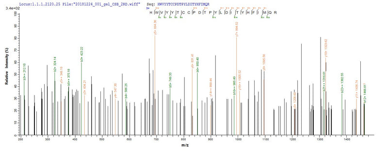 Based on the SEQUEST from database of E.coli host and target protein, the LC-MS/MS Analysis result of this product could indicate that this peptide derived from E.coli-expressed Tetronarce californica (Pacific electric ray) (Torpedo californica) CHRNA1.