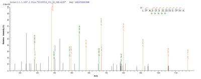 Based on the SEQUEST from database of E.coli host and target protein, the LC-MS/MS Analysis result of this product could indicate that this peptide derived from E.coli-expressed Treponema pallidum (strain Nichols) troA.