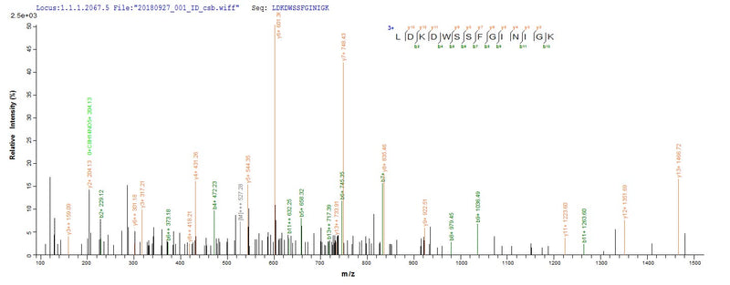 Based on the SEQUEST from database of E.coli host and target protein, the LC-MS/MS Analysis result of this product could indicate that this peptide derived from E.coli-expressed Vesicular stomatitis Indiana virus (strain Glasgow) (VSIV) N.