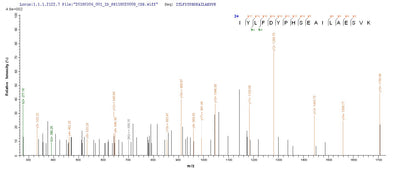 Based on the SEQUEST from database of E.coli host and target protein, the LC-MS/MS Analysis result of this product could indicate that this peptide derived from E.coli-expressed Vaccinia virus (strain Copenhagen) (VACV) K3L.