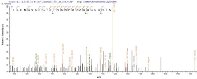 Based on the SEQUEST from database of E.coli host and target protein, the LC-MS/MS Analysis result of this product could indicate that this peptide derived from E.coli-expressed Crimean-Congo hemorrhagic fever virus (isolate C68031) (CCHFV) N.