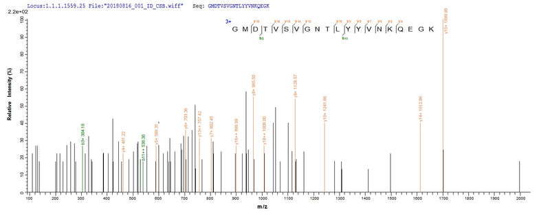 Based on the SEQUEST from database of E.coli host and target protein, the LC-MS/MS Analysis result of this product could indicate that this peptide derived from E.coli-expressed Human respiratory syncytial virus A (strain A2) F.