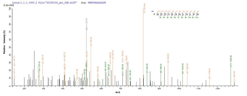 Based on the SEQUEST from database of E.coli host and target protein, the LC-MS/MS Analysis result of this product could indicate that this peptide derived from E.coli-expressed Lymphocytic choriomeningitis virus (strain Armstrong) (LCMV) GPC.