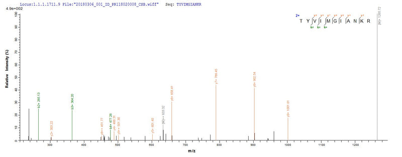 Based on the SEQUEST from database of E.coli host and target protein, the LC-MS/MS Analysis result of this product could indicate that this peptide derived from E.coli-expressed Staphylococcus aureus (strain MRSA252) fabI.