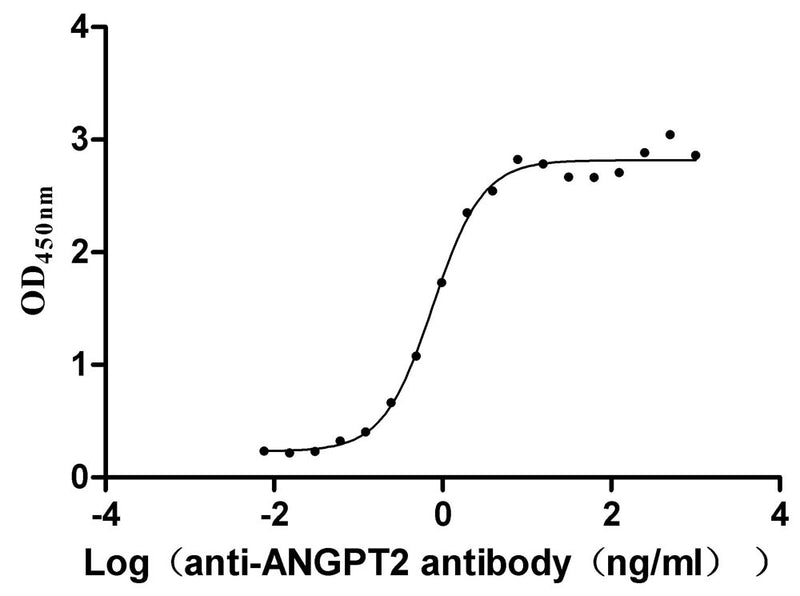 Activity Measured by its binding ability in a functional ELISA. Immobilized Human ANGPT2 at 2 μg/ml can bind anti-ANGPT2 recombinant antibody, the EC 50 is 0.6666-0.8876 ng/mL. Biological Activity Assay