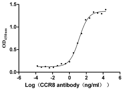 Activity Measured by its binding ability in a functional ELISA. Immobilized human CCR8 at 5 μg/ml can bind Anti-CCR8 recombinant Antibody, the the EC 50 is 11.13-17.29 ng/ml.