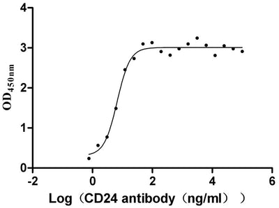 Activity Measured by its binding ability in a functional ELISA. Immobilized human CD24 at 2 μg/ml can bind anti-CD24 recombinant Monoclonal Antibody , the the EC 50 is 5.409-8.219 ng/ml. Biological Activity Assay