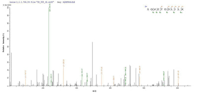 Based on the SEQUEST from database of Yeast host and target protein, the LC-MS/MS Analysis result of this product could indicate that this peptide derived from Yeast-expressed Mus musculus (Mouse) Aqp4.